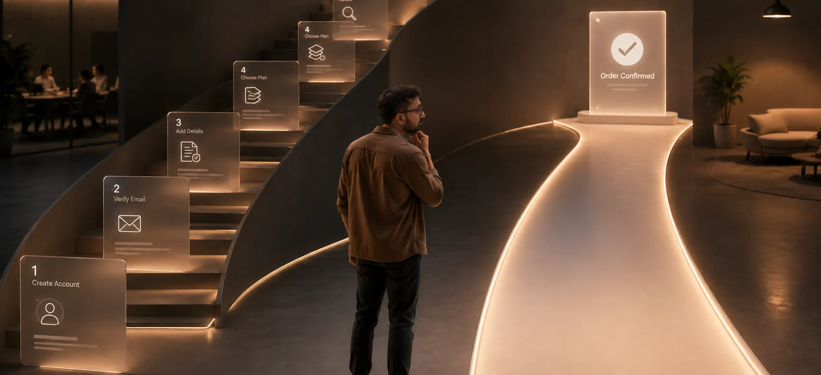 A customer facing five onboarding steps up a staircase to Order Confirmed