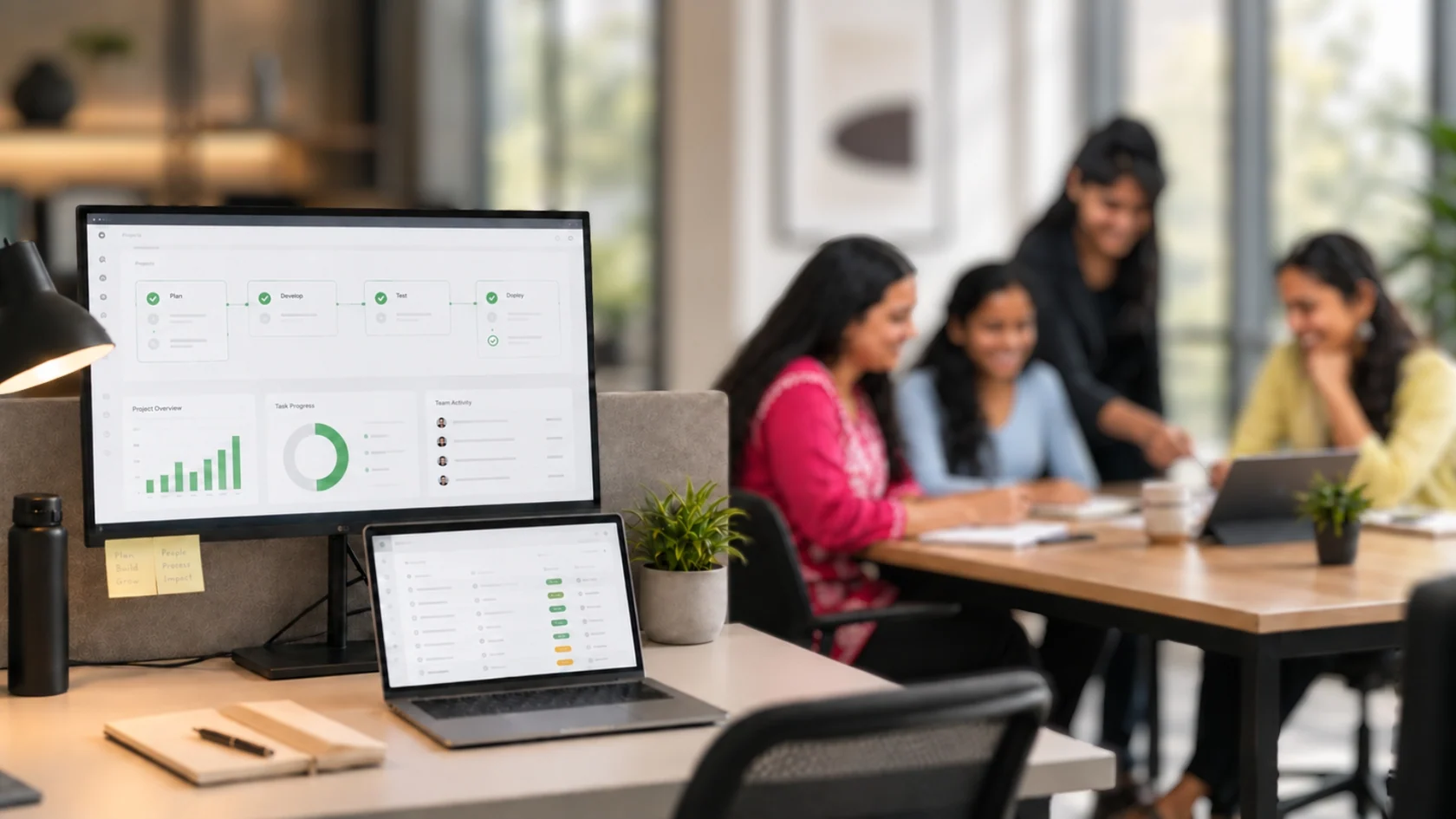 Project dashboard in the foreground as teammates collaborate in the office