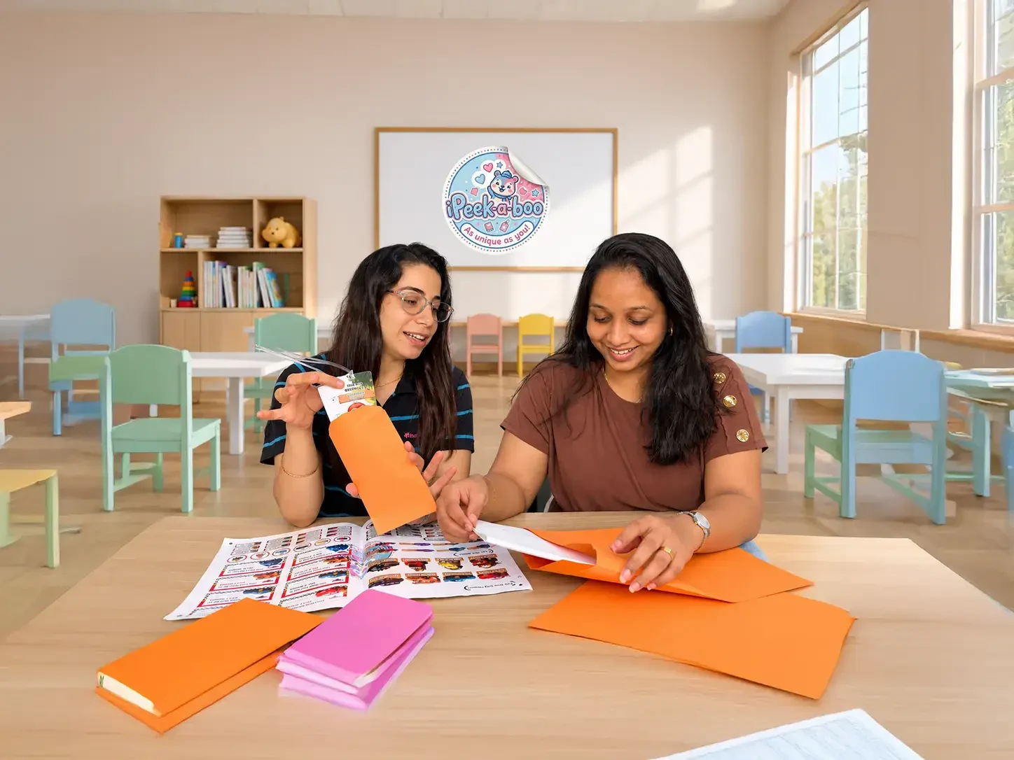 Two team members packing iPeek-a-boo personalized gifts