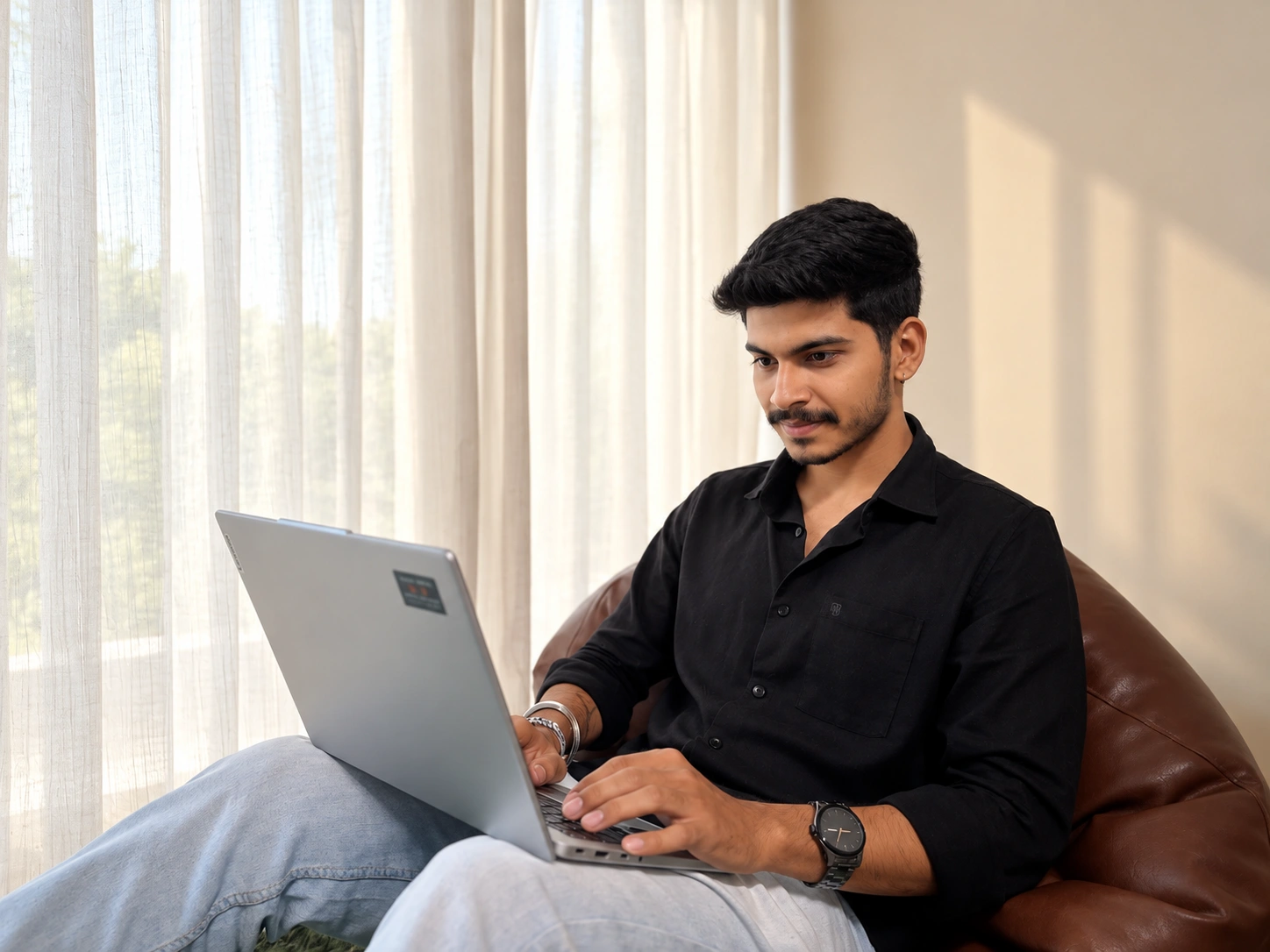 A smiling developer working on a laptop